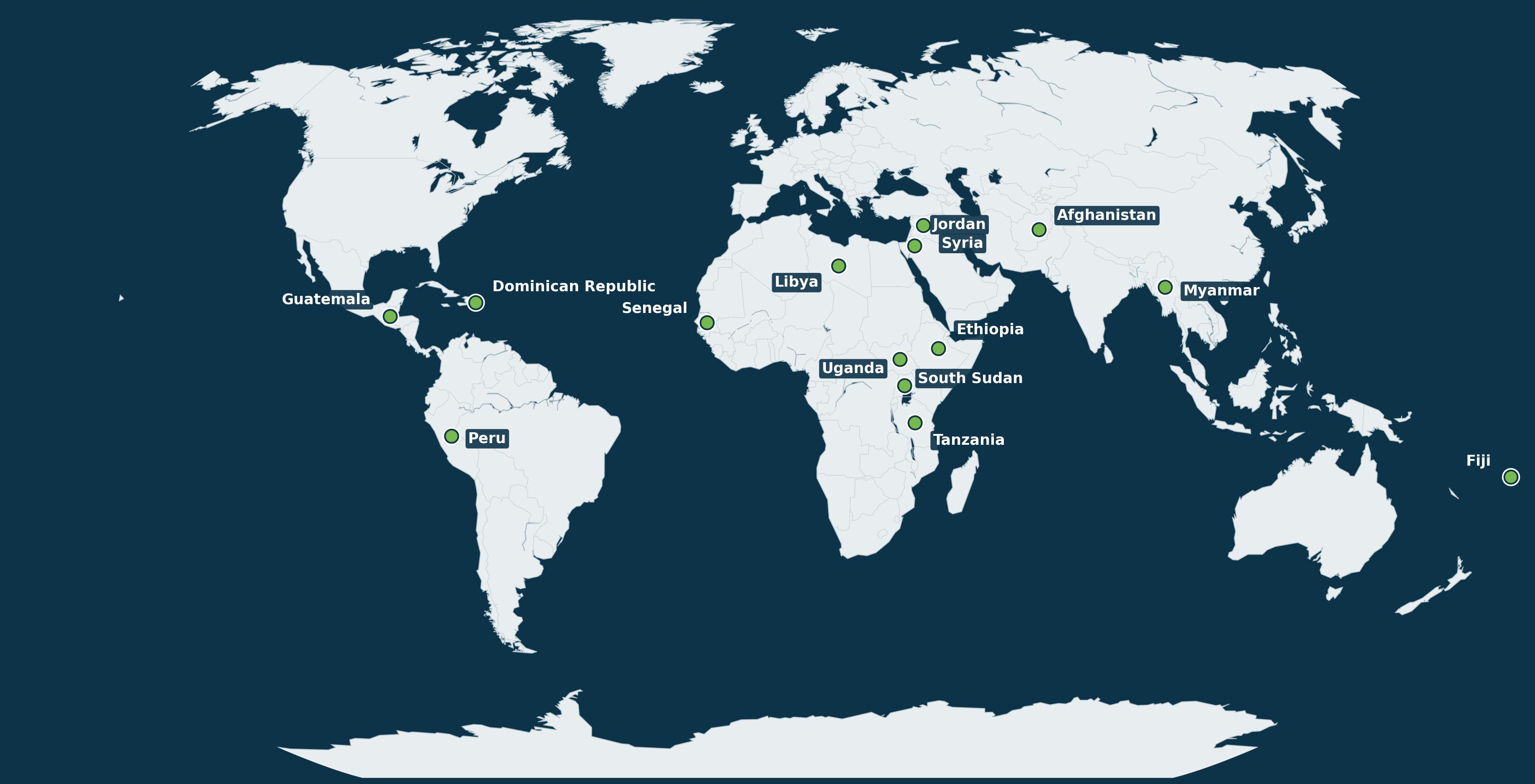 World map showing the 14 selected countries of Primus Impact specialists’ experience